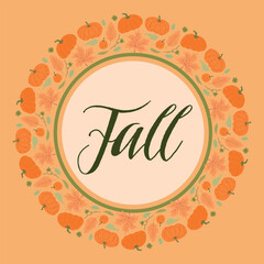 Autumn circle label with pumpkins and fall leaves, designed for seasonal decor, Thanksgiving themes, and harvest-inspired festive invitations or rustic fall backgrounds.