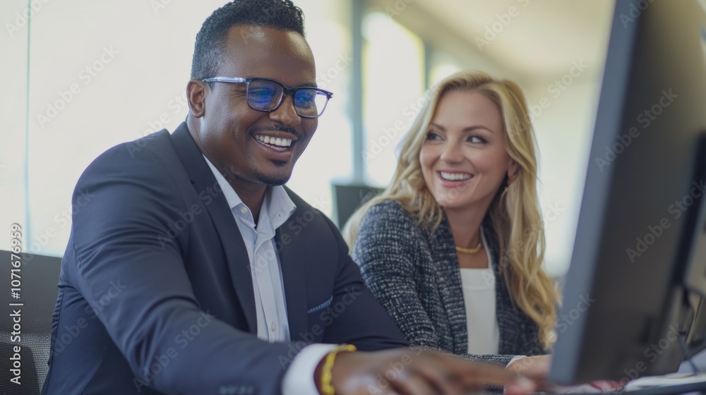 Poster a man and a woman are sitting at a computer, smiling and looking at the screen