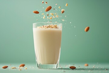 glass of almond milk on light green background. alternative, gluten free, dairy food,sustainable, healthy vegetarian concept.
