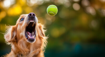 Close up shot of a friendly dog catching a tennis ball mid-air. The dog's expression is joyful and playful, with focus on its face and open mouth, copy space