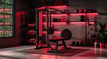 modern gym setup featuring weight bench, barbell, and exercise equipment in stylish red lit environment. space is designed for fitness enthusiasts
