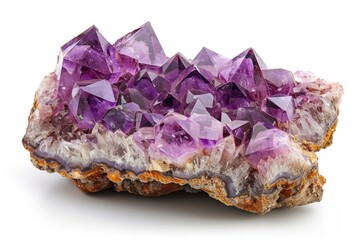 Natural amethyst cluster on white background, deep purple hues and rough texture