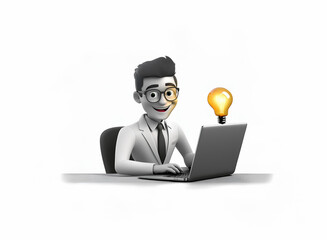 A cartoon man wearing glasses sits at a desk working on a laptop, a lightbulb appears above his head, signifying a new idea.