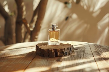 Perfume bottle mockup on rustic wood and beige background.