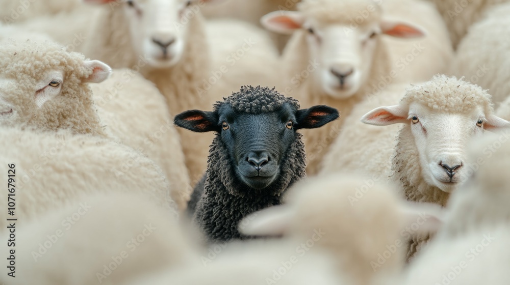 Poster a black sheep stands in front of a herd of white sheep