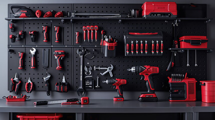 well organized tool wall featuring various red and black tools, including drills, wrenches, and screwdrivers, ideal for DIY enthusiasts and professionals