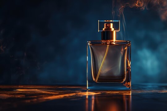 Luxury mens perfume bottle on dark background with space.