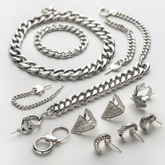 Obraz premium Polished silver jewelry pieces isolated on white background, earrings and chains displayed cleanly