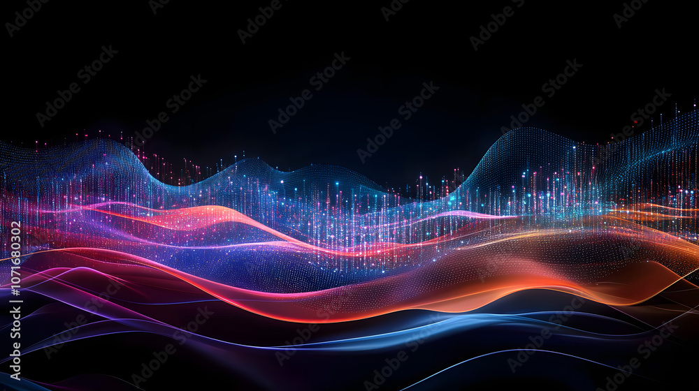 Poster abstract digital wave landscape with vibrant lines and dots representing data visualization and tech