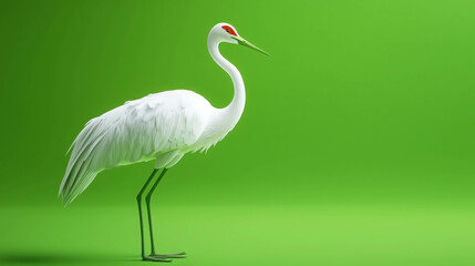 Naklejka premium Elegant White Crane Stands Gracefully Against Vibrant Green Background Showcasing Its Unique Features and Poised Stance in Nature Photography