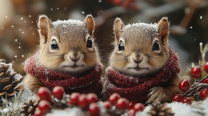 red berries, and Christmas decorations, in a cute cartoon style