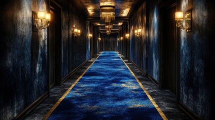 Fototapeta premium Luxurious hotel hallway featuring a rich blue carpet that runs the length of the corridor, illuminated by elegant gold lighting, creating an atmosphere of sophistication and comfort