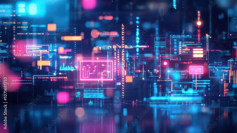Poster discount data analysis, floating neon holograms, retail analytics, techdriven environment