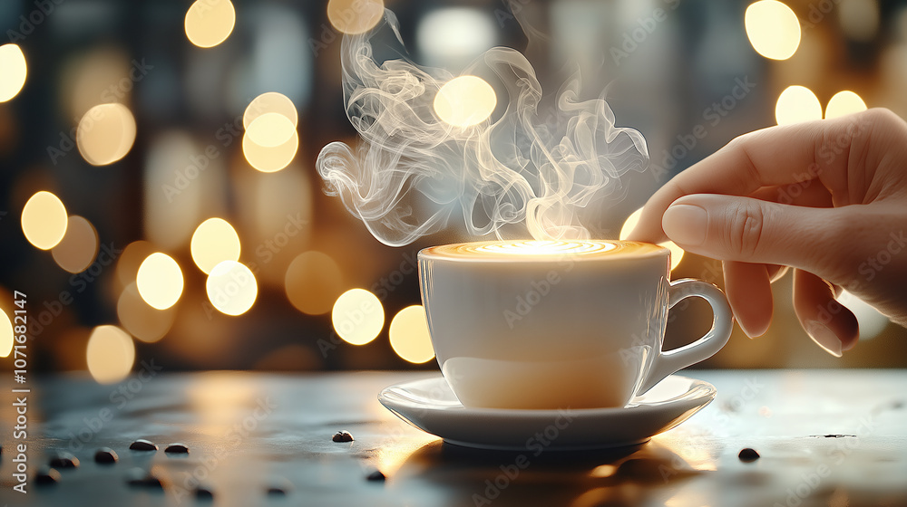 Poster hand gently touches steaming coffee cup, creating cozy atmosphere with warm bokeh lights in backgrou