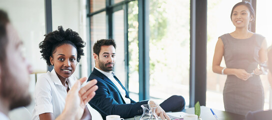 Meeting, people and advice in office for business, feedback and brainstorming project. Corporate...