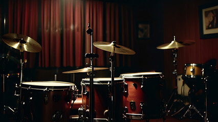 Fototapeta premium A drum set is positioned right in front of a microphone in a dark room 