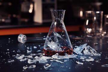 A broken laboratory flask with red liquid spills on the table. Shattered glass creates a dramatic scene. This image captures the chaos of an experiment gone wrong. Generative AI