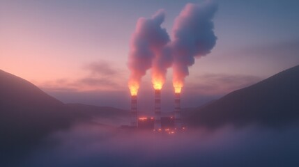 Obraz premium Industrial power plant with smokestacks releasing smoke at dawn, misty mountains backdrop, early morning scene
