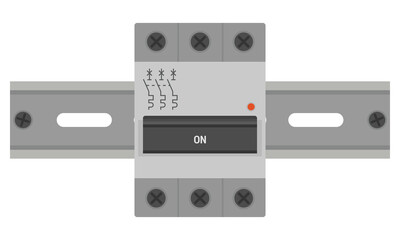 Miniature circuit breaker mounted on a DIN rail. Three pole MCB device for the protection of circuits against overload and short circuit