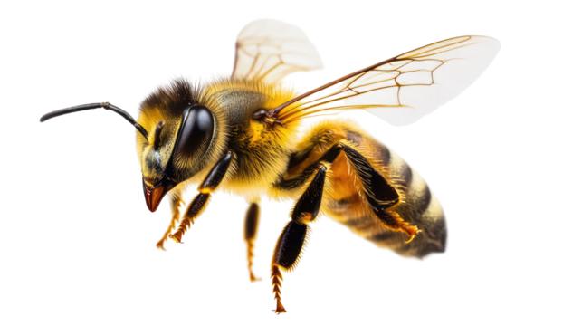 Honeybee in Flight: A detailed close-up of a honeybee in mid-flight, showcasing its intricate details and delicate wings. Perfect for nature, biology, or environmental themes.