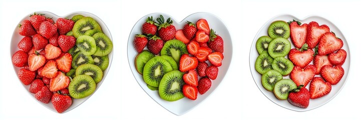 Heart-shaped bowls filled with vibrant strawberries and kiwi slices, isolated on white background.