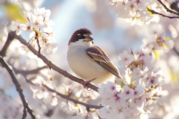 Obraz premium Bird Sitting on Cherry Blossom Branch in Springtime
