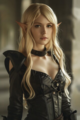 Full-body shot of a gorgeous blonde female elf wearing black leather, Generative AI