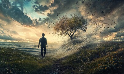Obraz premium Man Walking into Surreal Landscape of Sea and Sky