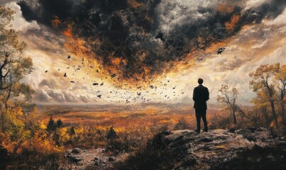 Man Observing Dramatic Fiery Sky Landscape

