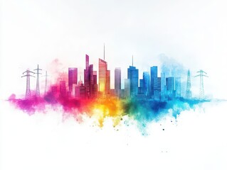 Obraz premium Electric cityscape powered by clean energy, vibrant watercolor blending modern tech with eco tones