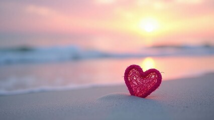 Fototapeta premium Beach and hand-woven heart at sunset scene, scene-romantic and heart-pink