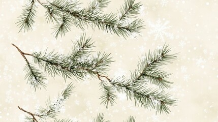 Obraz premium Watercolor Painting of Snowy Pine Branches with Falling Snowflakes