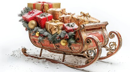 Santa's sleigh full of wrapped gifts, isolated on white.