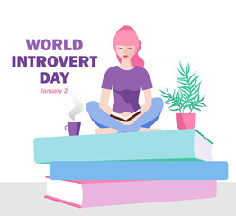 Obraz premium World Introvert Day. January 2. The girl sits on the windowsill, drinks tea and enjoys solitude. Template for background, banner, card, poster