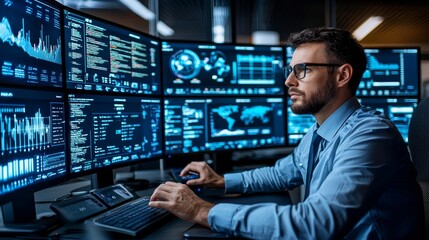 A focused analyst working in a high-tech environment, monitoring multiple screens displaying data visualizations and charts.