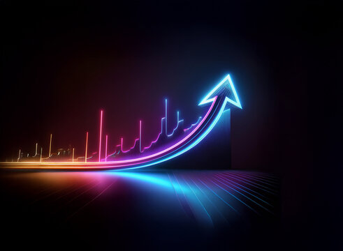 A glowing neon arrow points upwards against a dark background, signifying growth and progress.