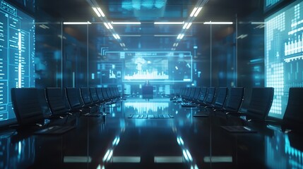 Futuristic conference room with digital displays and sleek design.