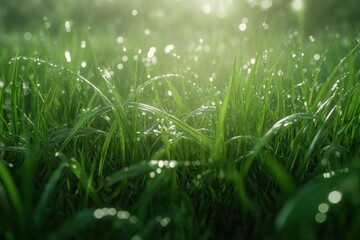 Fototapeta premium Dewy Grass in Sunlight with Soft Bokeh Effect