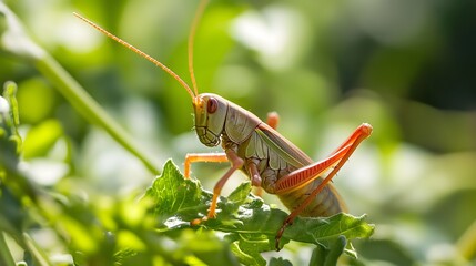 Eastern lubber grasshopper perched on green leaf in vibrant natural garden setting with soft bokeh background, copy space