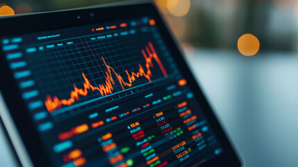 Obraz premium closeup of tablet screen displaying financial chart with orange line rising, showcasing market trends and data analysis. vibrant colors highlight key metrics