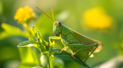 Green grasshopper perched on plant stem with yellow wildflowers blurred in background, copy space