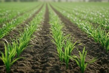 Obraz premium Fresh Green Crop Rows on Fertile Soil