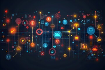 Obraz premium illustration of visually dynamic and modern representation of marketing strategies, featuring vibrant charts, graphs, and floating icons like magnifying glasses, dollar signs, and digital ads