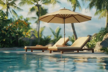 Obraz premium Tranquil Poolside Relaxation with Umbrella and Loungers