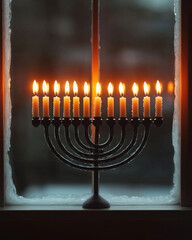 Fototapeta premium traditional menorah with lit candles sits on windowsill, casting warm glow in evening light, symbolizing hope and celebration