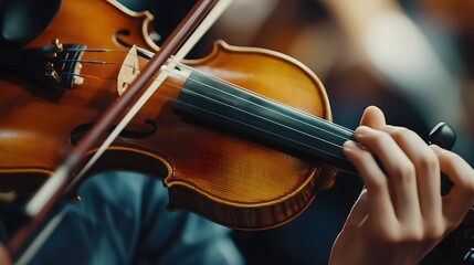 Fototapeta premium Professional violinist performing with wooden violin in close-up view showing bow, strings and musician's hand with dramatic stage lighting, copy space