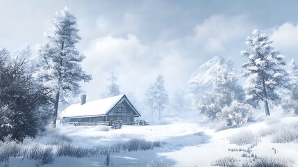 A serene winter landscape featuring a cozy cabin surrounded by snow-covered trees.