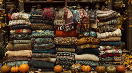 Fototapeta premium Colorful knitted sweaters stacked in rows on a rustic shelf surrounded by pumpkins. Concept of cozy autumn and warmth. For seasonal advertising.
