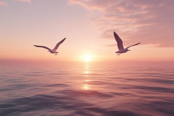 Fototapeta premium Serene Sunset with Seagulls over Calm Ocean waters
