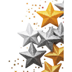 Obraz premium Colorful glitter stars in silver and gold are scattered on a white background, creating a festive and cheerful decoration.